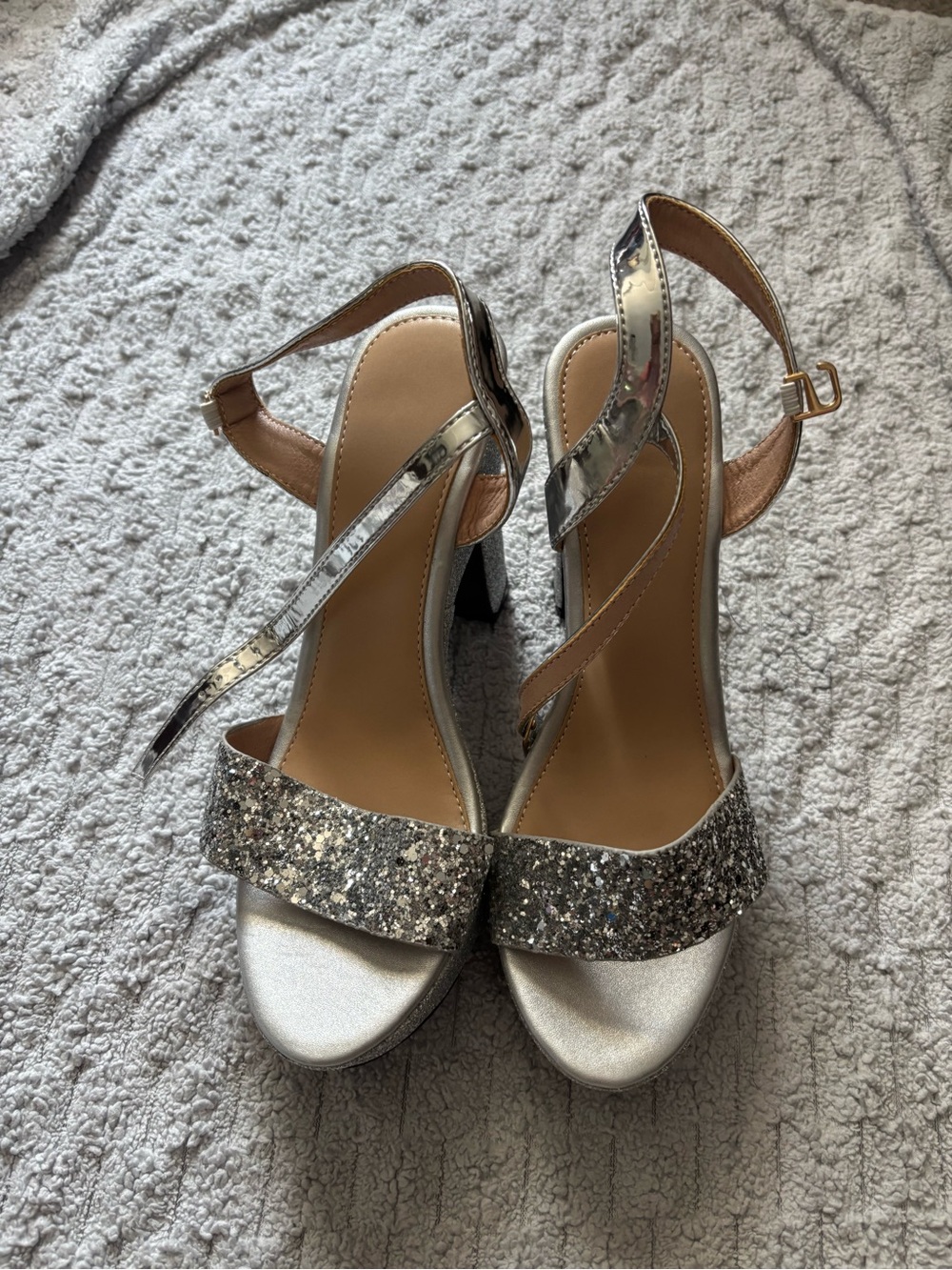 Silver Glitter Ankle-Strap Heels - Women's Dress Sandals